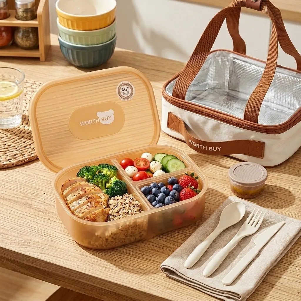 Food Storage With Dividers - علبة طعام بلاستيكية مقسمة إلى 3